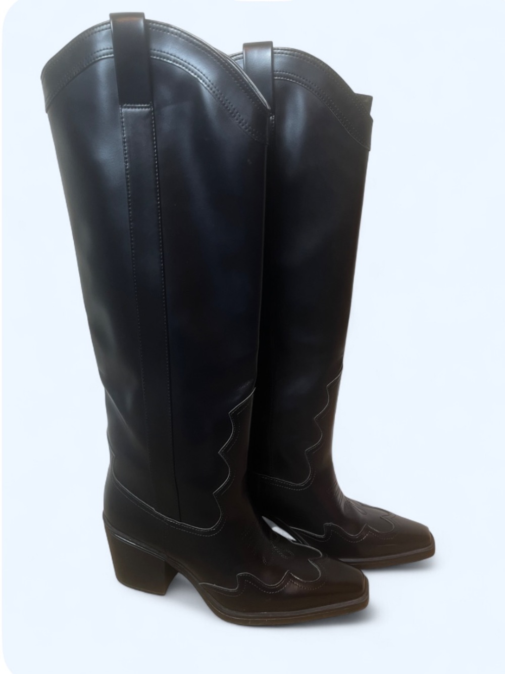 H&M Black Knee High Heeled Cowboy Boots Size 39/US 8